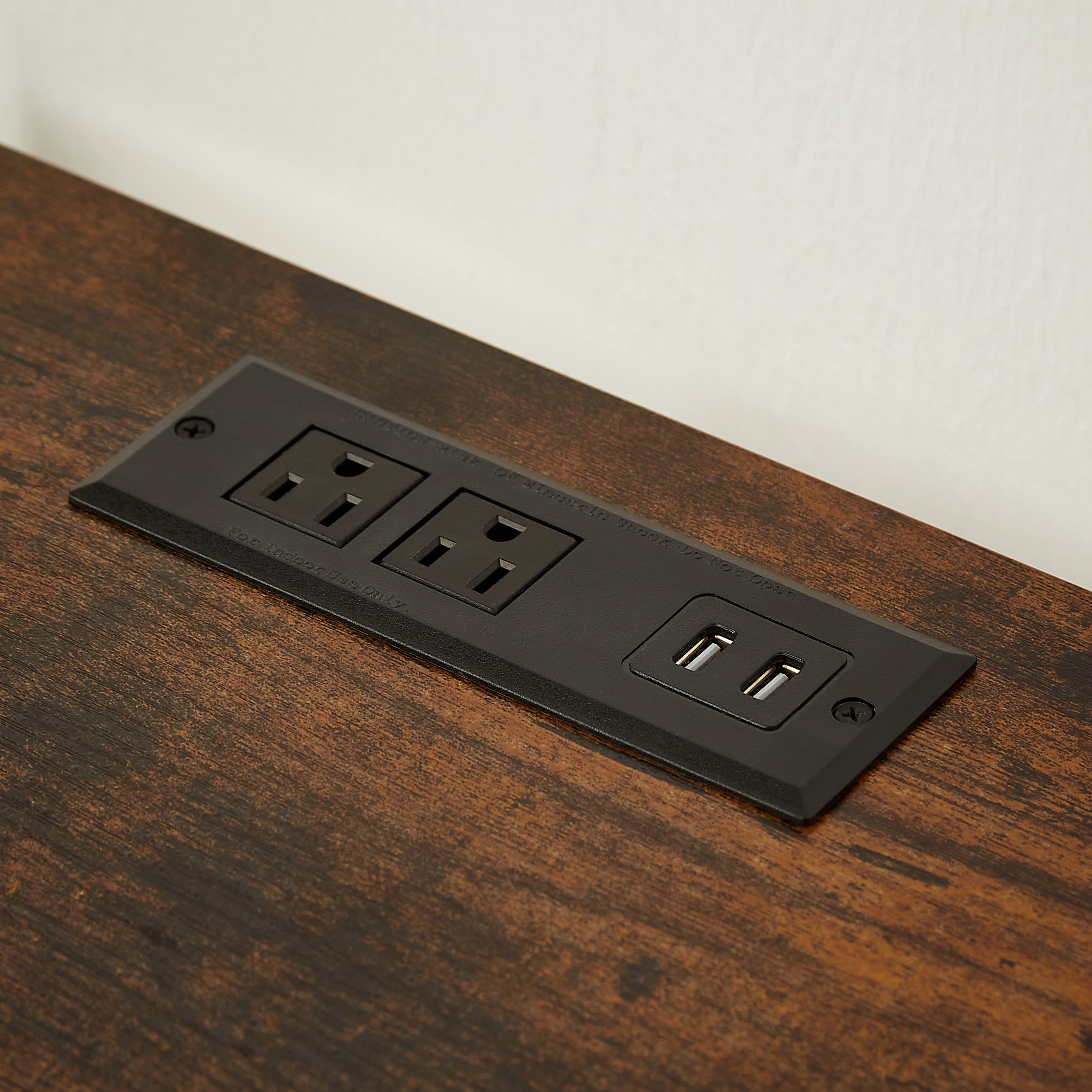 Modern tea table with USB port, outlet, and two drawers, front view

