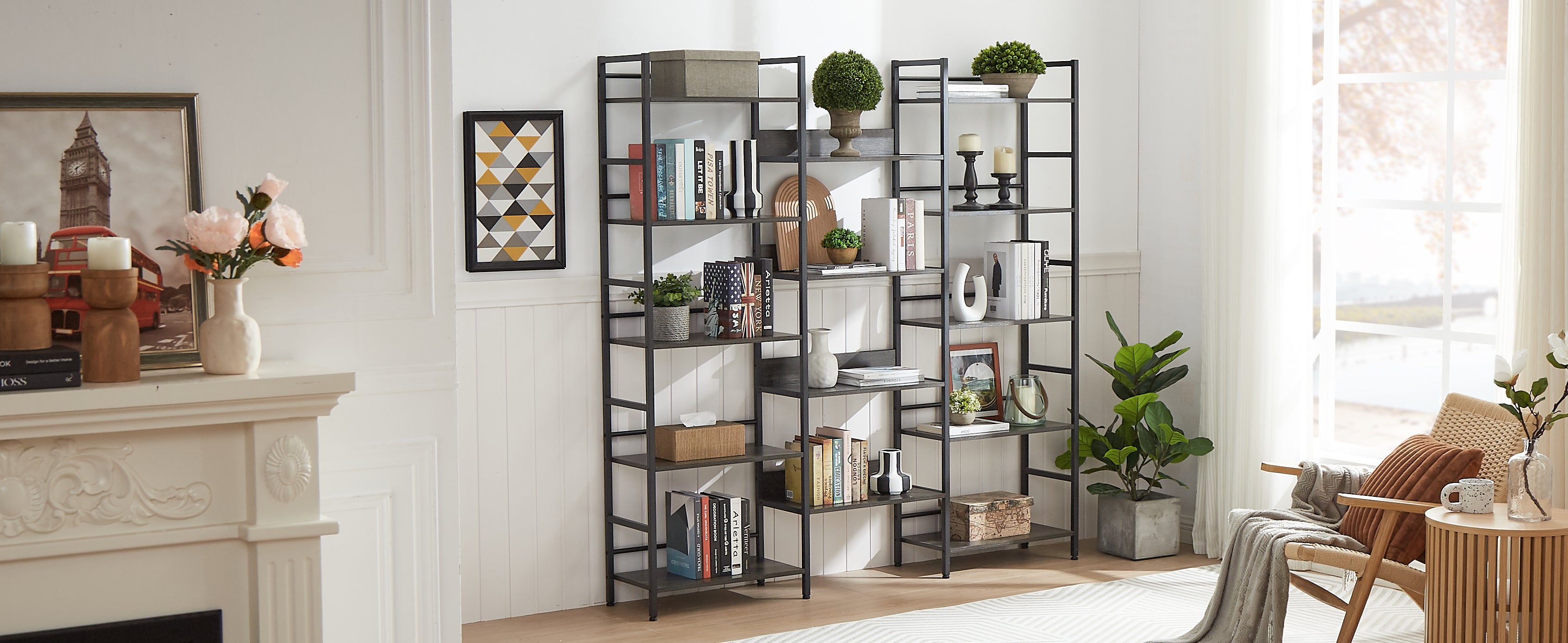 Triple wide 5-shelf bookshelf offering ample storage space with a sturdy design. Features five spacious shelves for organizing books, decor, and more, perfect for living rooms, offices, or libraries. Stylish and functional for both modern and traditional interiors.