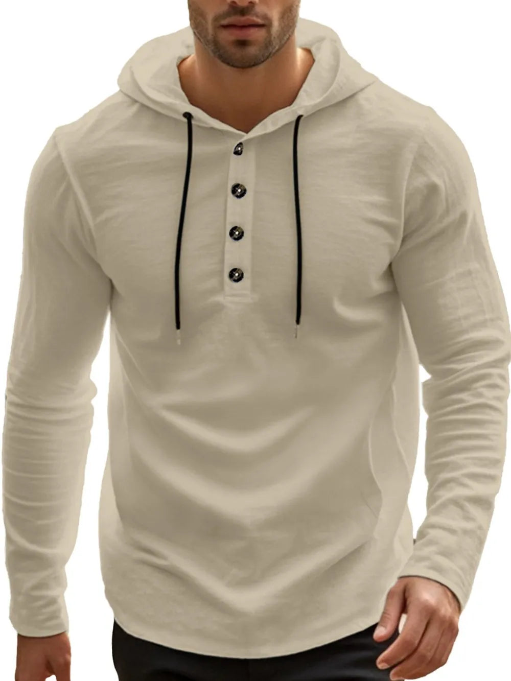 Men’s plus size hoodie with button detail and drawstring hood in long sleeve design.

