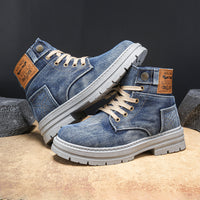 High-top denim board shoes for men with lace-up design and rubber sole.

