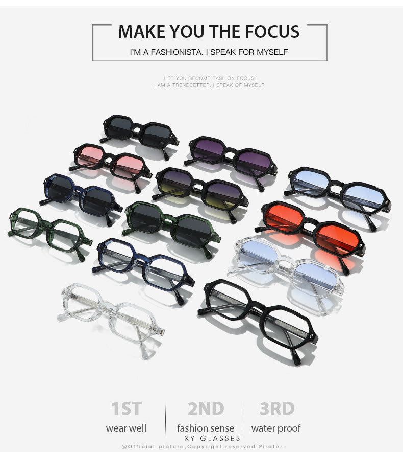 A promotional collage showing multiple pairs of square-frame eyeglasses in different frame colors and lens tint, with marketing text at the top and bottom on a light gray background.