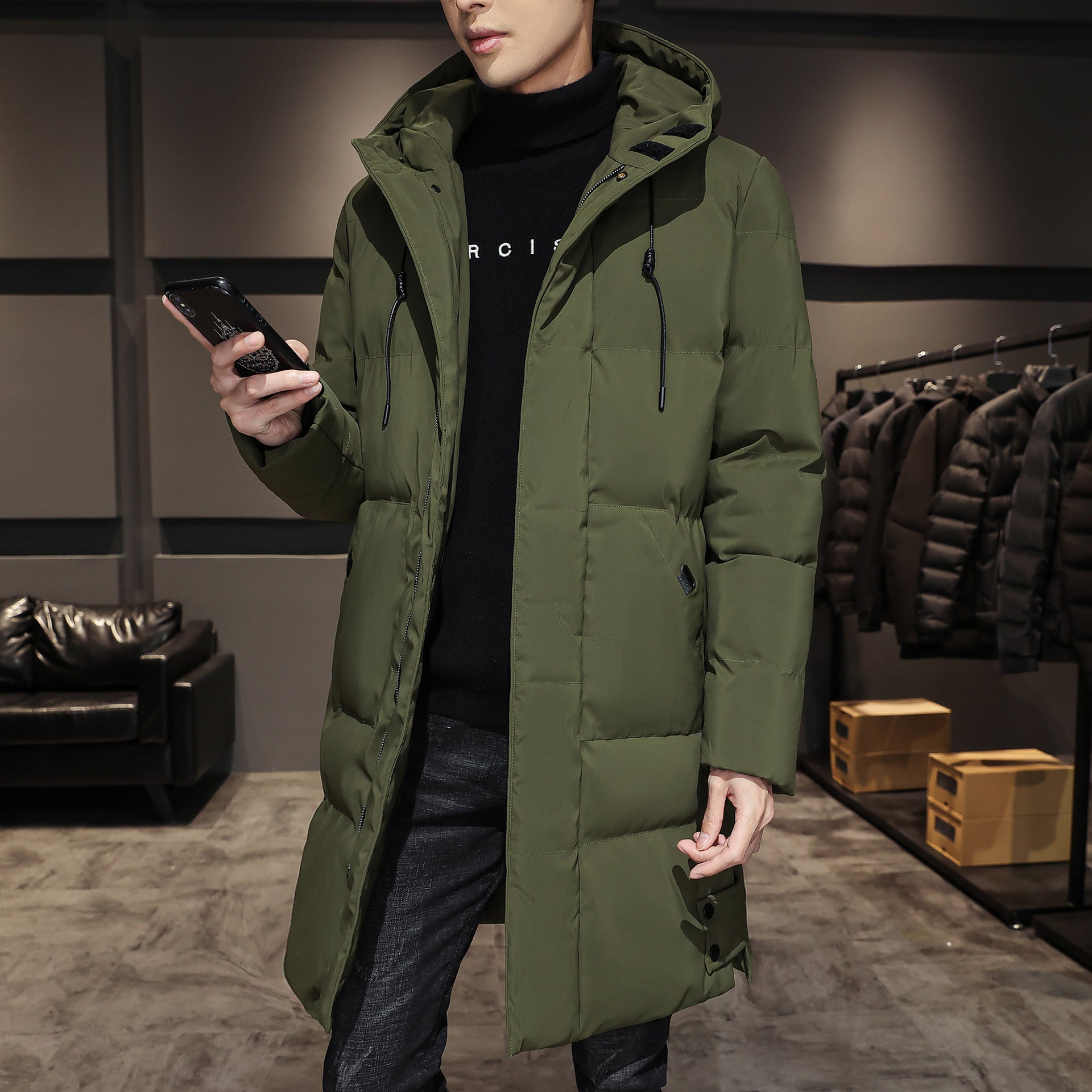 Plus Size Men’s Thick Winter Mid-Length Cotton Coat with Warm Lining

