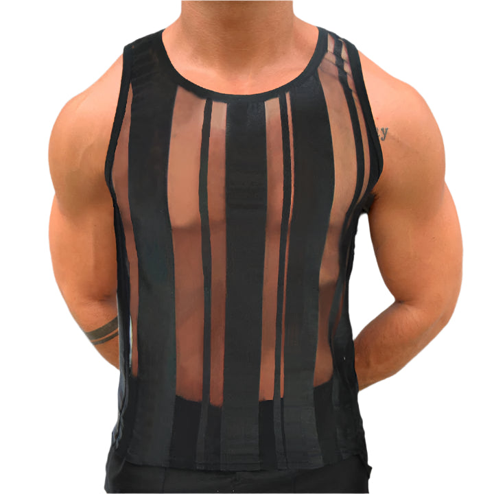 Men’s sexy see-through mesh vest, breathable summer tank top, stylish sleeveless clubwear.