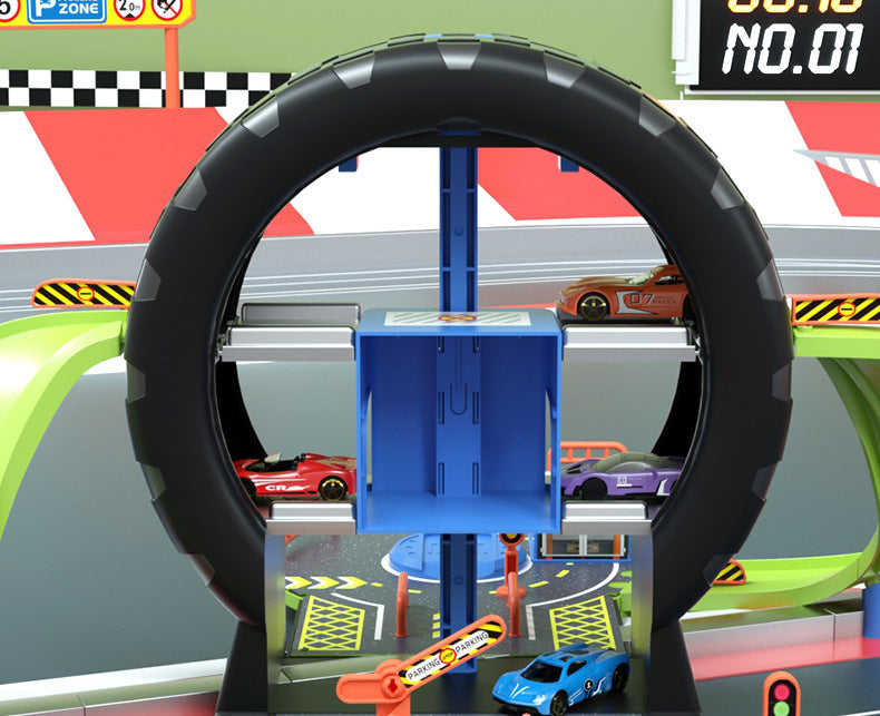 Children’s tire-shaped parking lot toy with alloy cars, educational multi-level track playset for toddlers and young kids.








