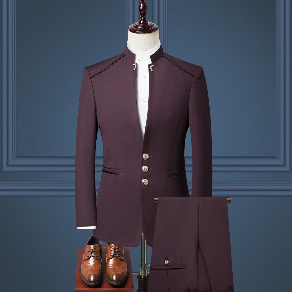 Men's British Style Stand Collar Three-Piece Suit – Modern Tailored Suit for Formal & Business Wear.








