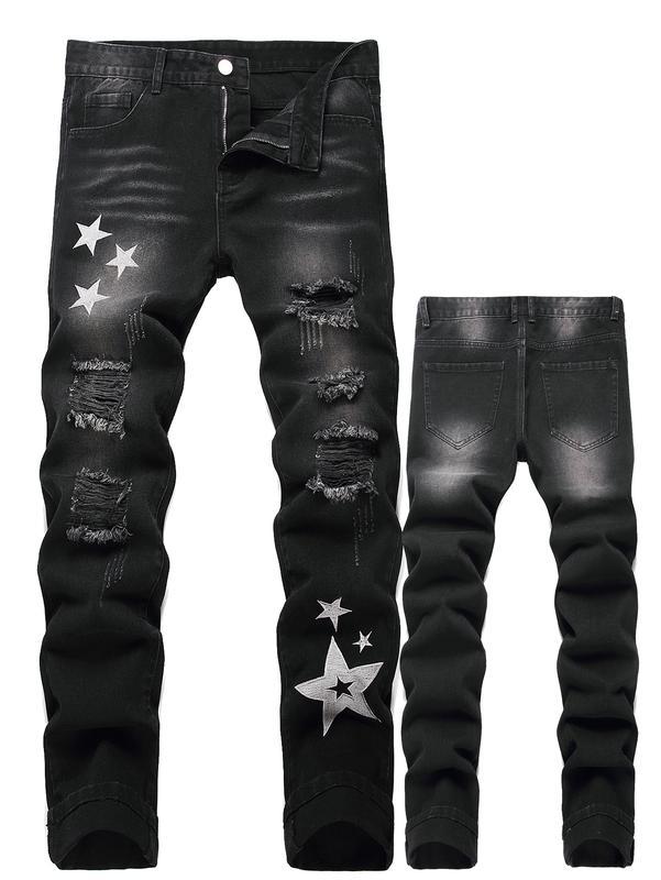 Men's slim-fit ripped motorcycle jeans with bold zipper-decorated design