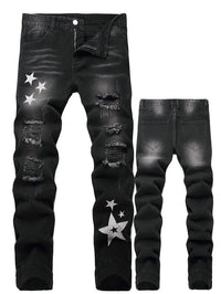 Men's slim-fit ripped motorcycle jeans with bold zipper-decorated design