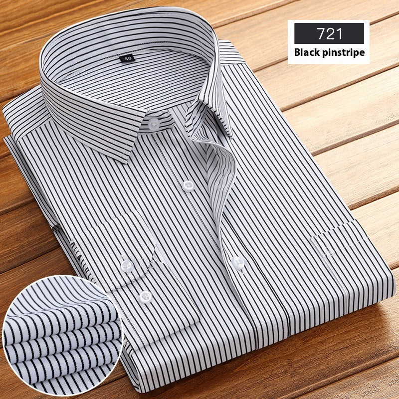 New Business Striped Long-Sleeved Shirt for Men, designed for spring and autumn with a stylish stripe pattern and comfortable fit. Perfect for both casual and semi-formal looks.