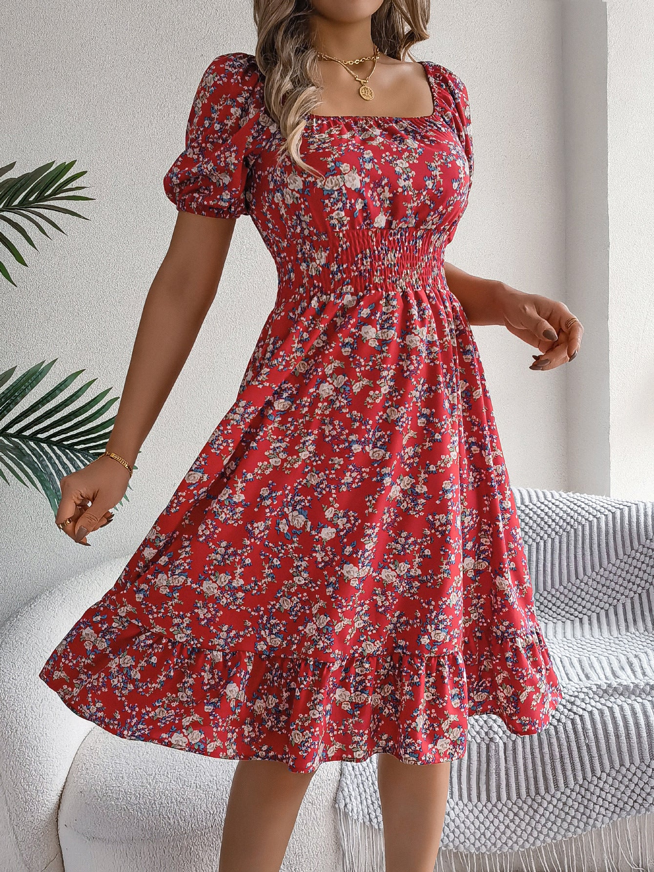 Women's floral print square collar dress with ruffle details, perfect for summer fashion and casual outings.

