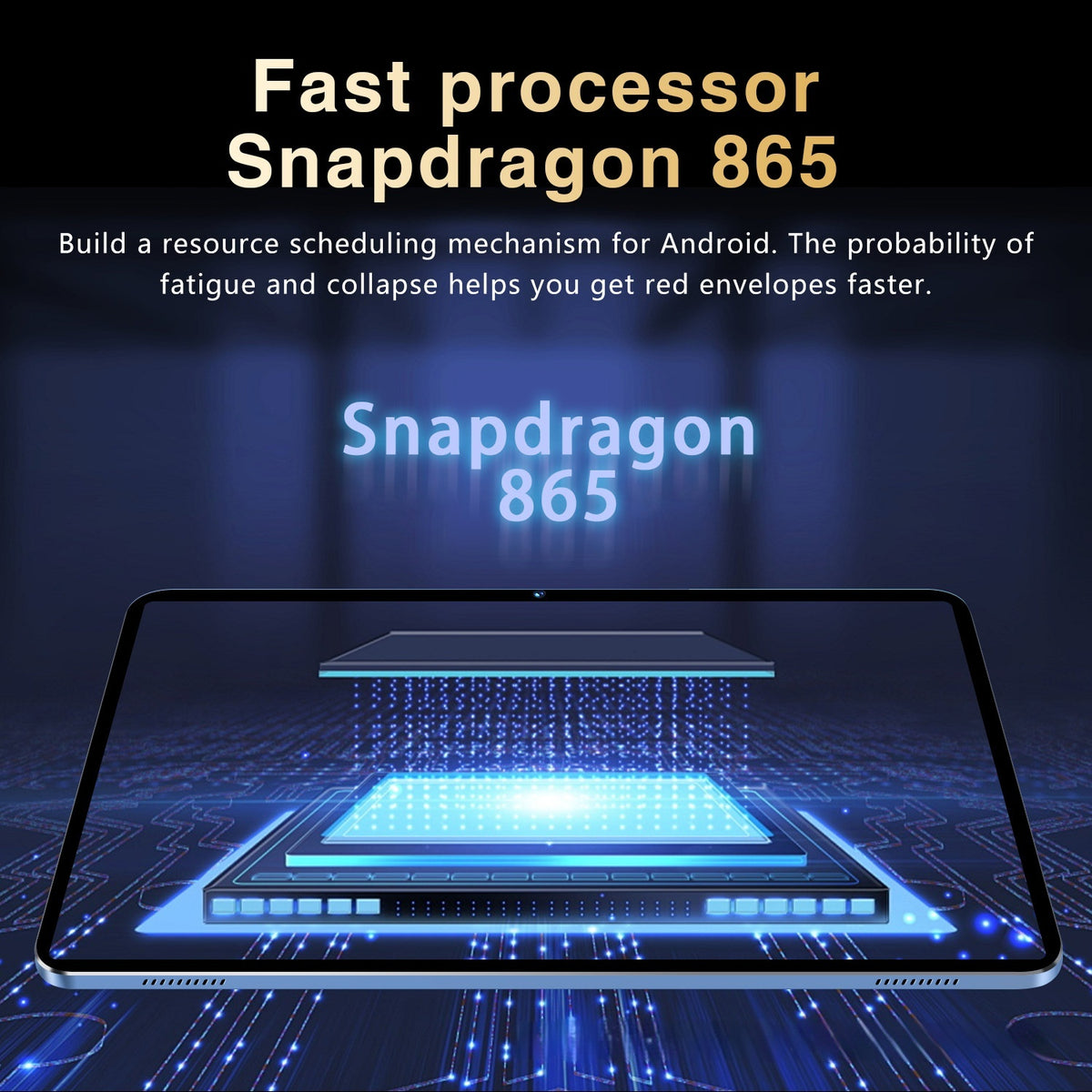 Advertisement for Snapdragon 865 processor with a digital display and blue lighting.