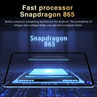 Advertisement for Snapdragon 865 processor with a digital display and blue lighting.