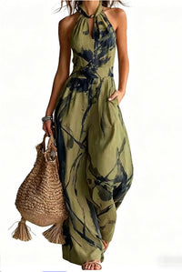 New halter backless jumpsuit, blue and white tie-dye wide-leg pants, summer beach women's wear Hot Deal Warehouse
