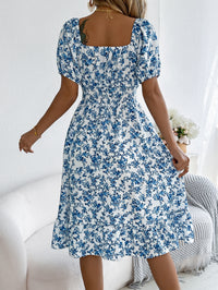 Women's floral print square collar dress with ruffle details, perfect for summer fashion and casual outings.

