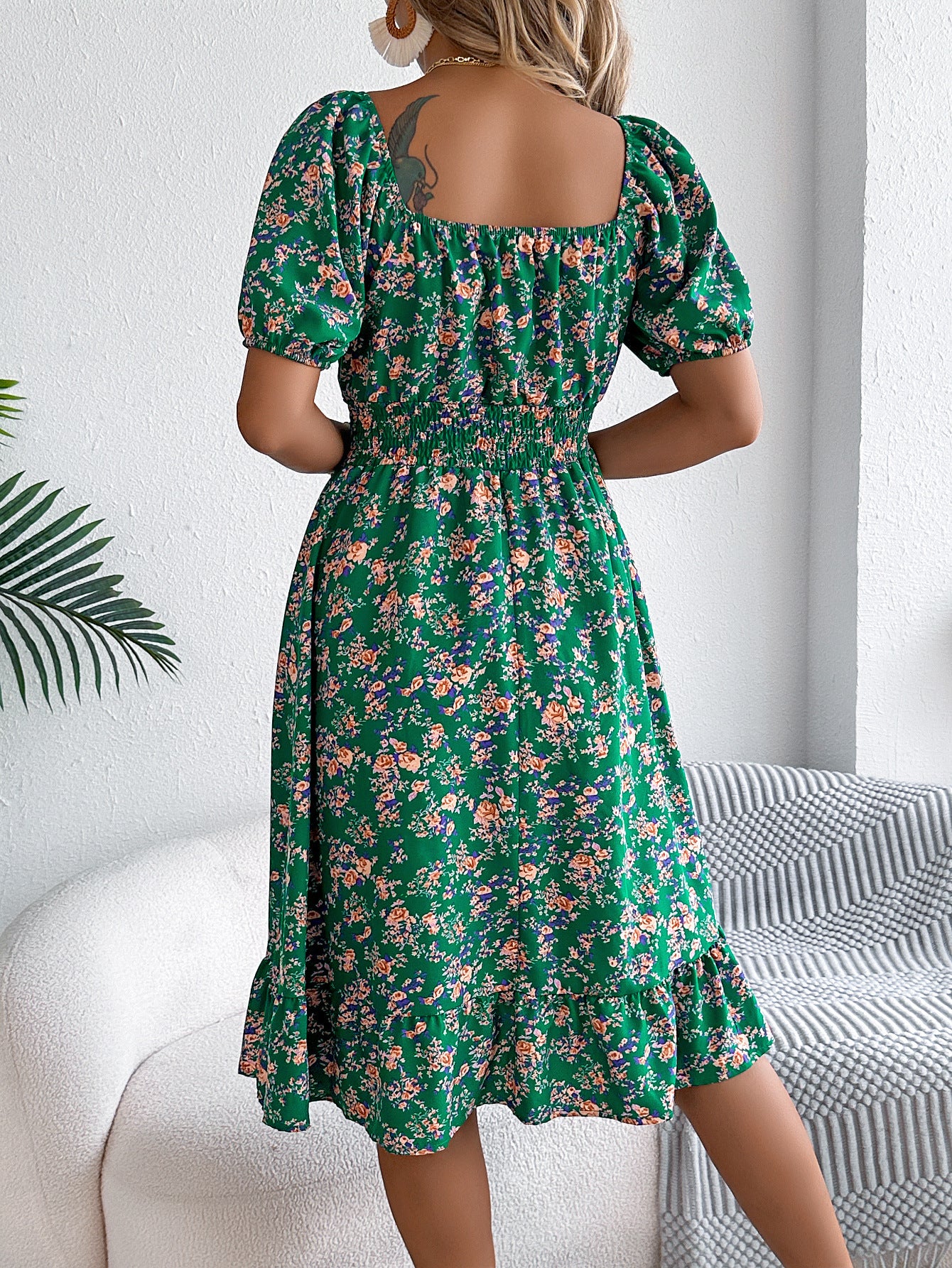 Women's floral print square collar dress with ruffle details, perfect for summer fashion and casual outings.

