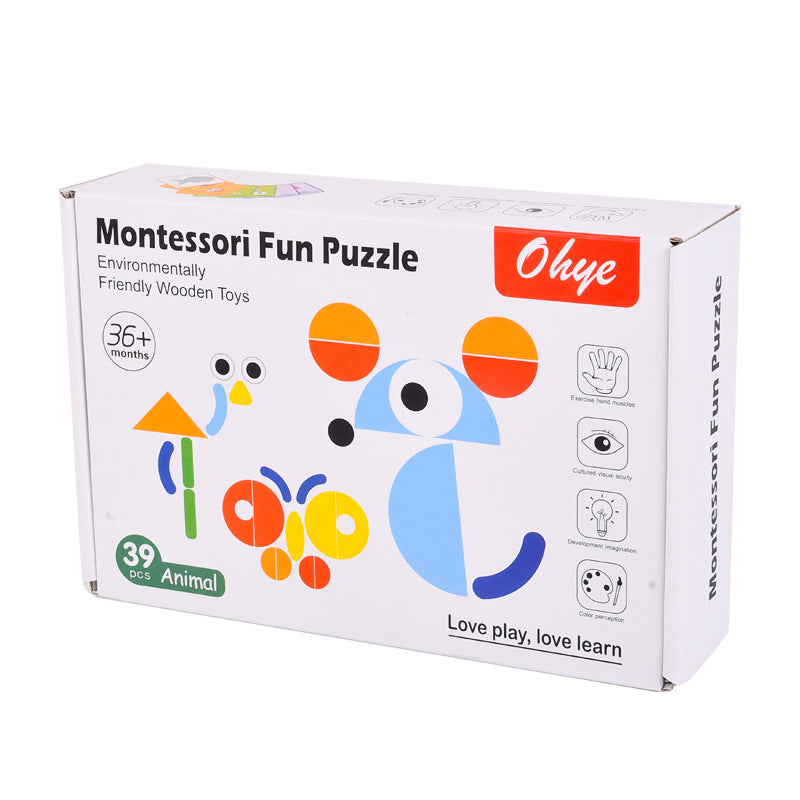 Montessori wooden puzzle board with colorful geometric shapes

