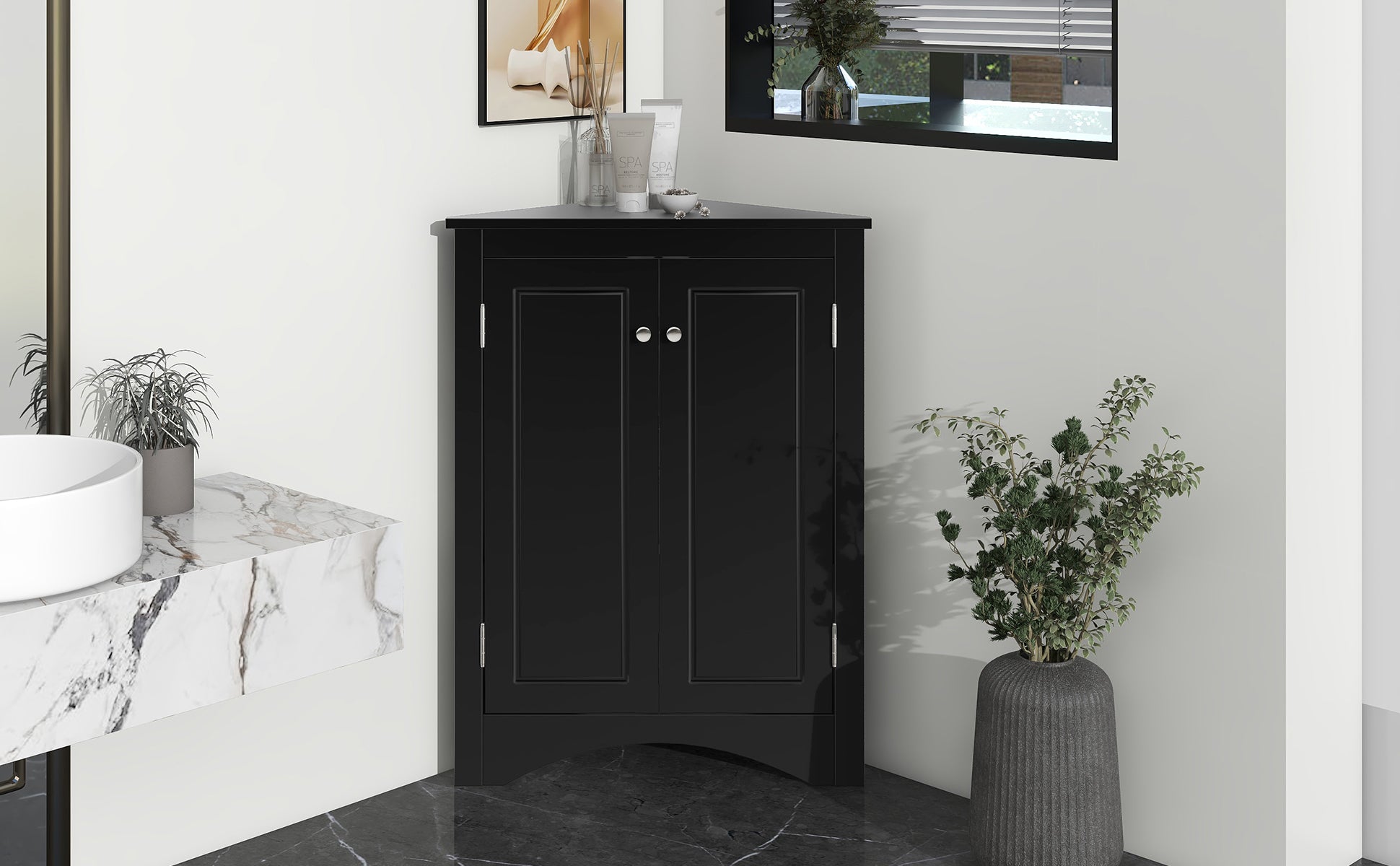 “Black triangle bathroom storage cabinet – modern, space-saving corner organizer for toiletries and essentials – Hot Deal Warehouse home furniture”

