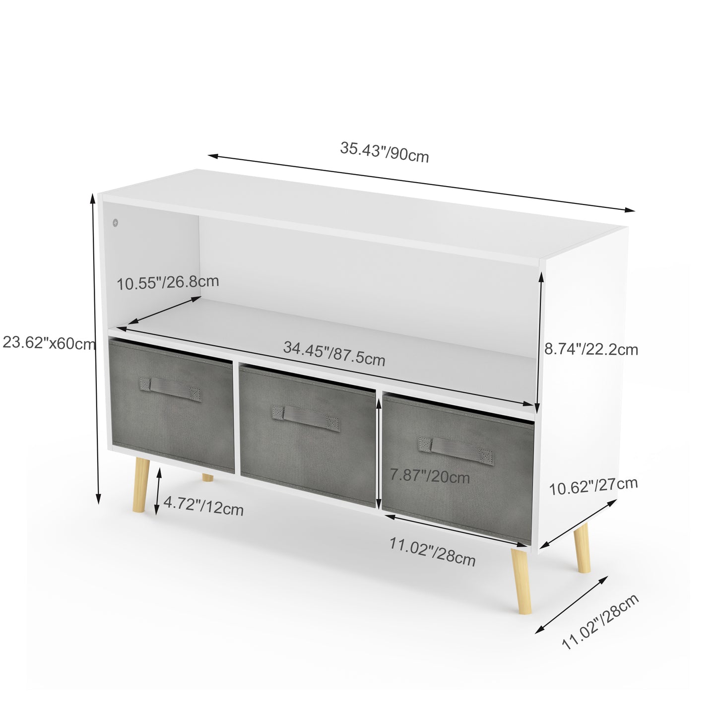 White kids bookcase with gray fabric drawers and books displayed