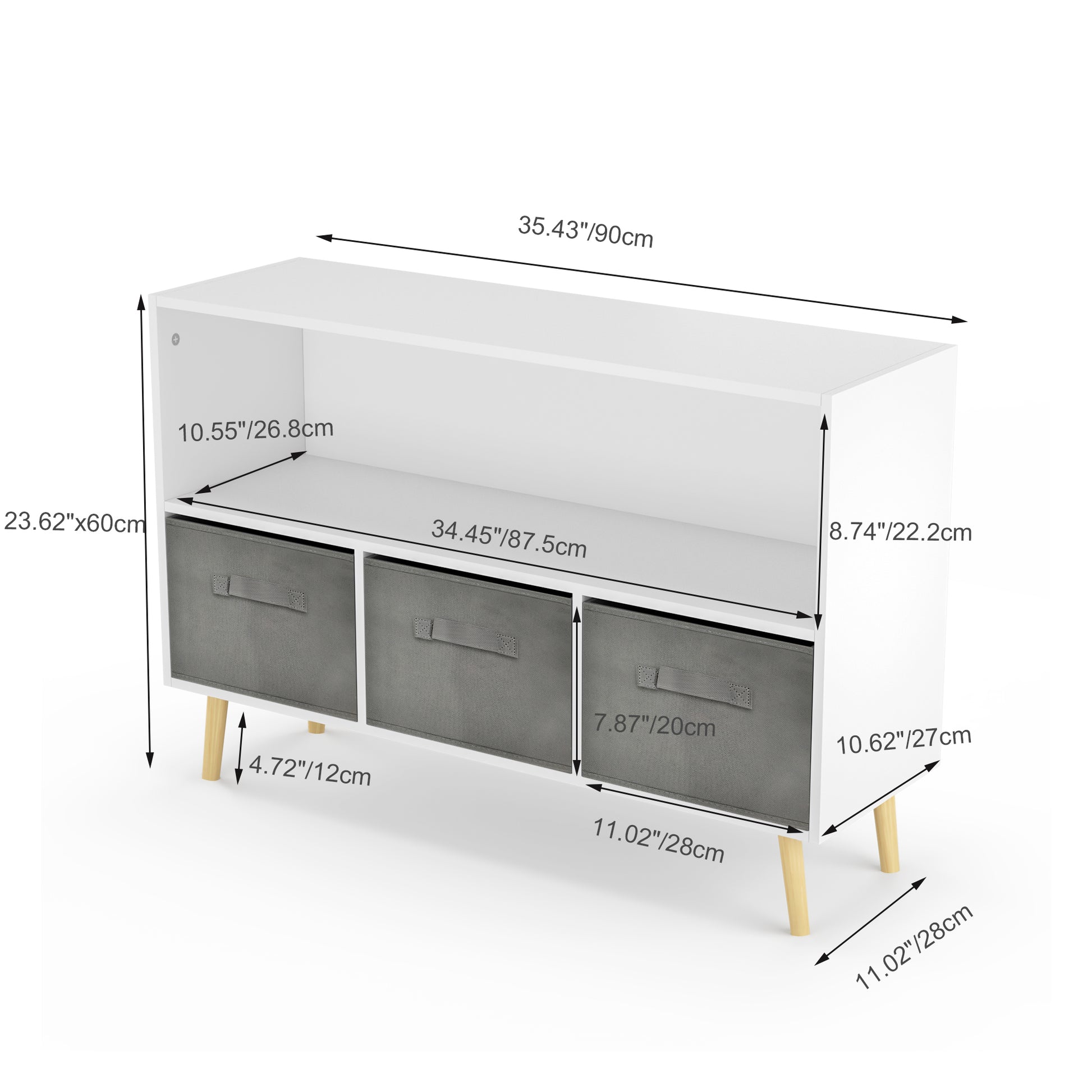 White kids bookcase with gray fabric drawers and books displayed