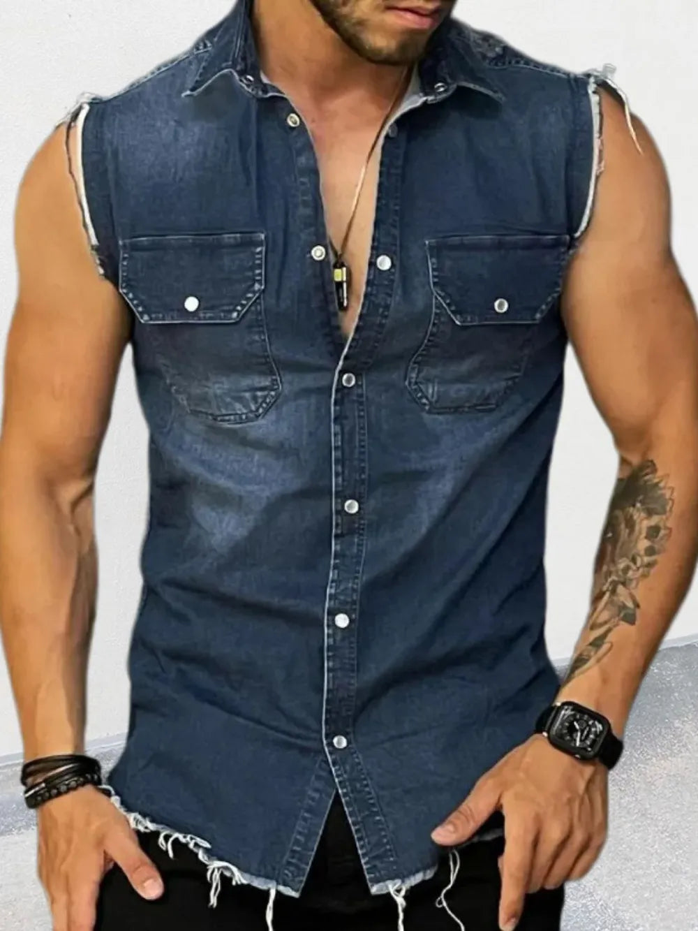 Men's snap button sleeveless denim shirt – Western style casual shirt with chest pockets and frayed armholes.








