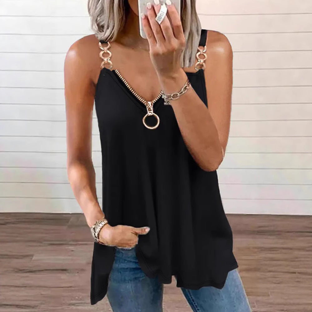 Women's sleeveless V-neck camisole with front zipper detail and sleek fitted design