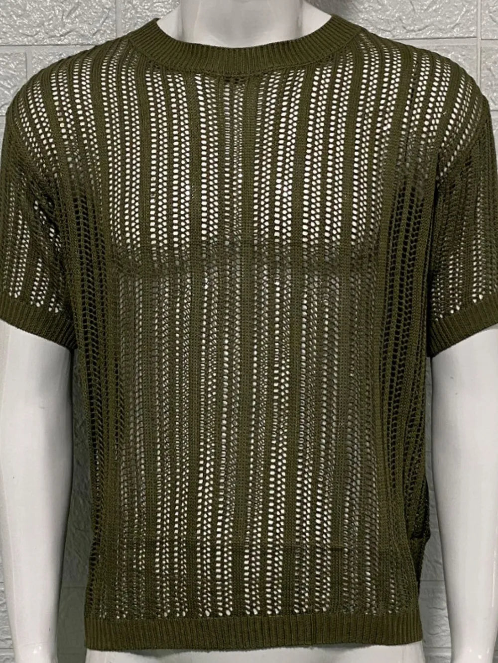 Men's openwork knit t-shirt with round neckline, front view

