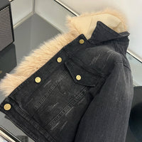 Model wearing the Temperament O-neck lambswool fur coat with contrast color design