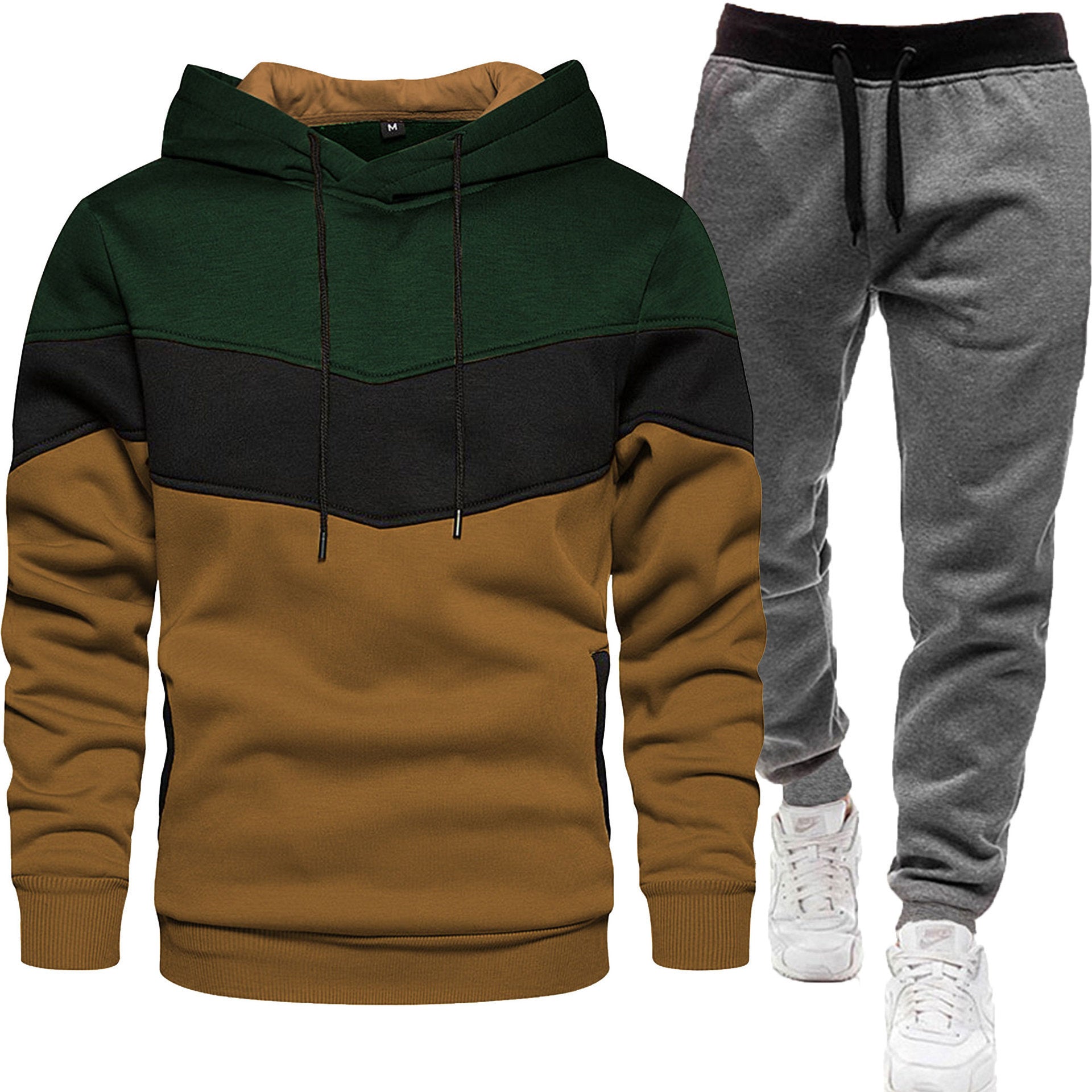 Men's three-color hoodie and jogger pants two-piece set, front view

