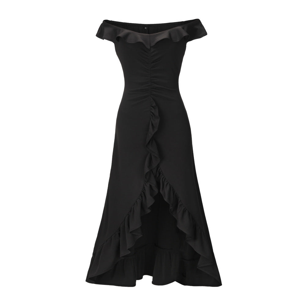 Women's sloping shoulder ruffle long dress, an elegant and stylish evening gown for special occasions.

