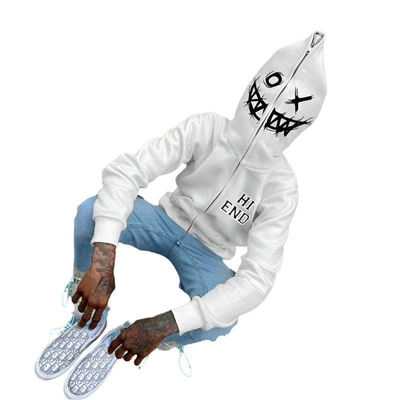 Men's zip-up hoodie with letter graphic print – bold and casual streetwear hoodie.


