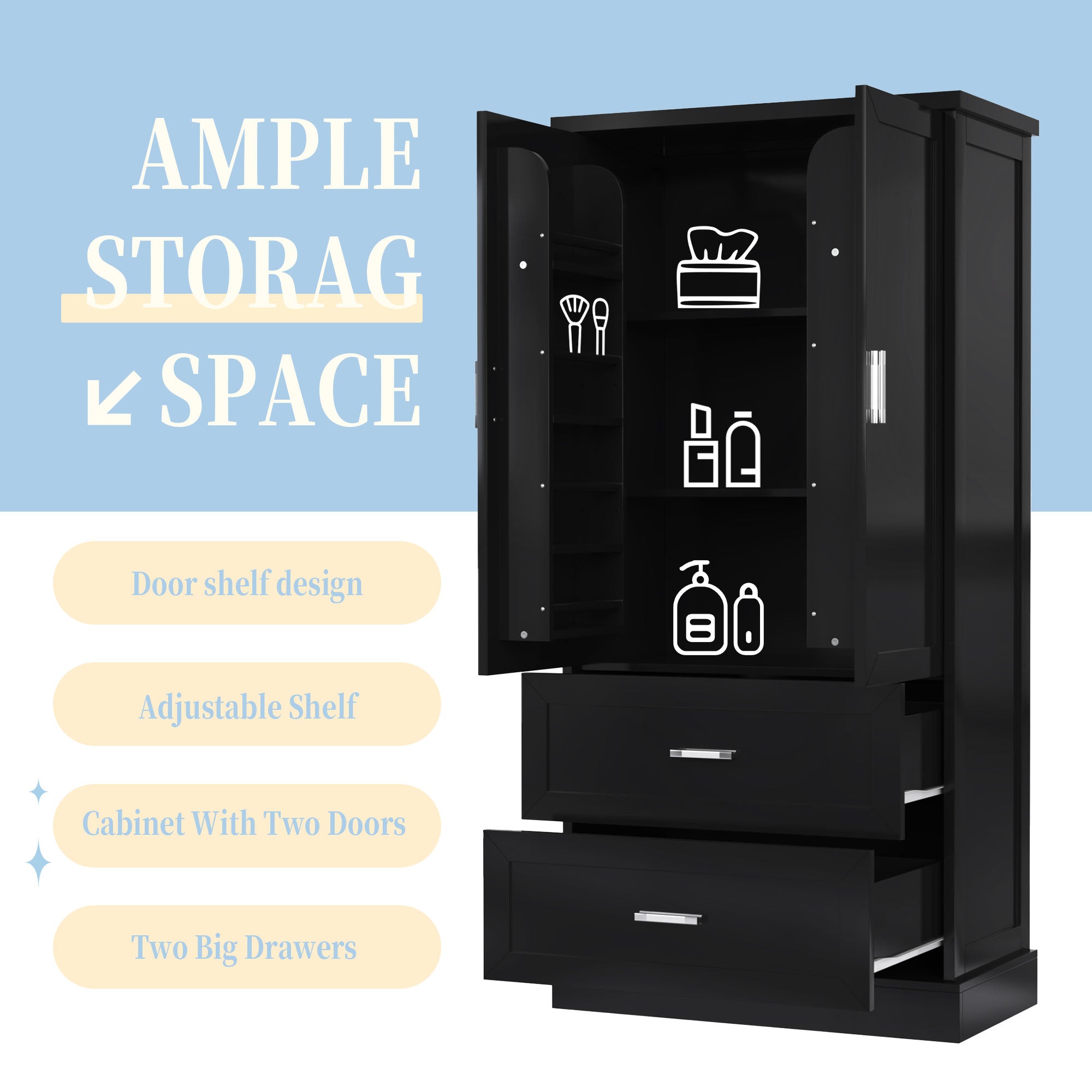 Tall black bathroom storage cabinet with doors and drawers