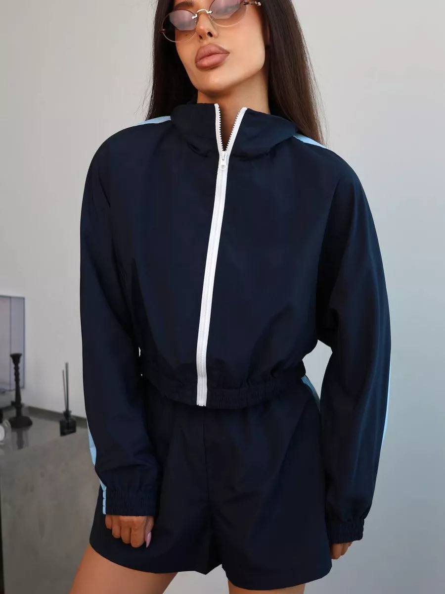 Zippered Long Sleeved Top and Sports Shorts Set Hot Deal Warehouse
