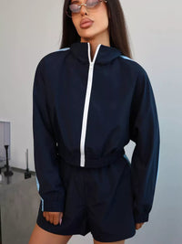 Zippered Long Sleeved Top and Sports Shorts Set Hot Deal Warehouse