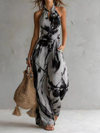 New halter backless jumpsuit, blue and white tie-dye wide-leg pants, summer beach women's wear Hot Deal Warehouse