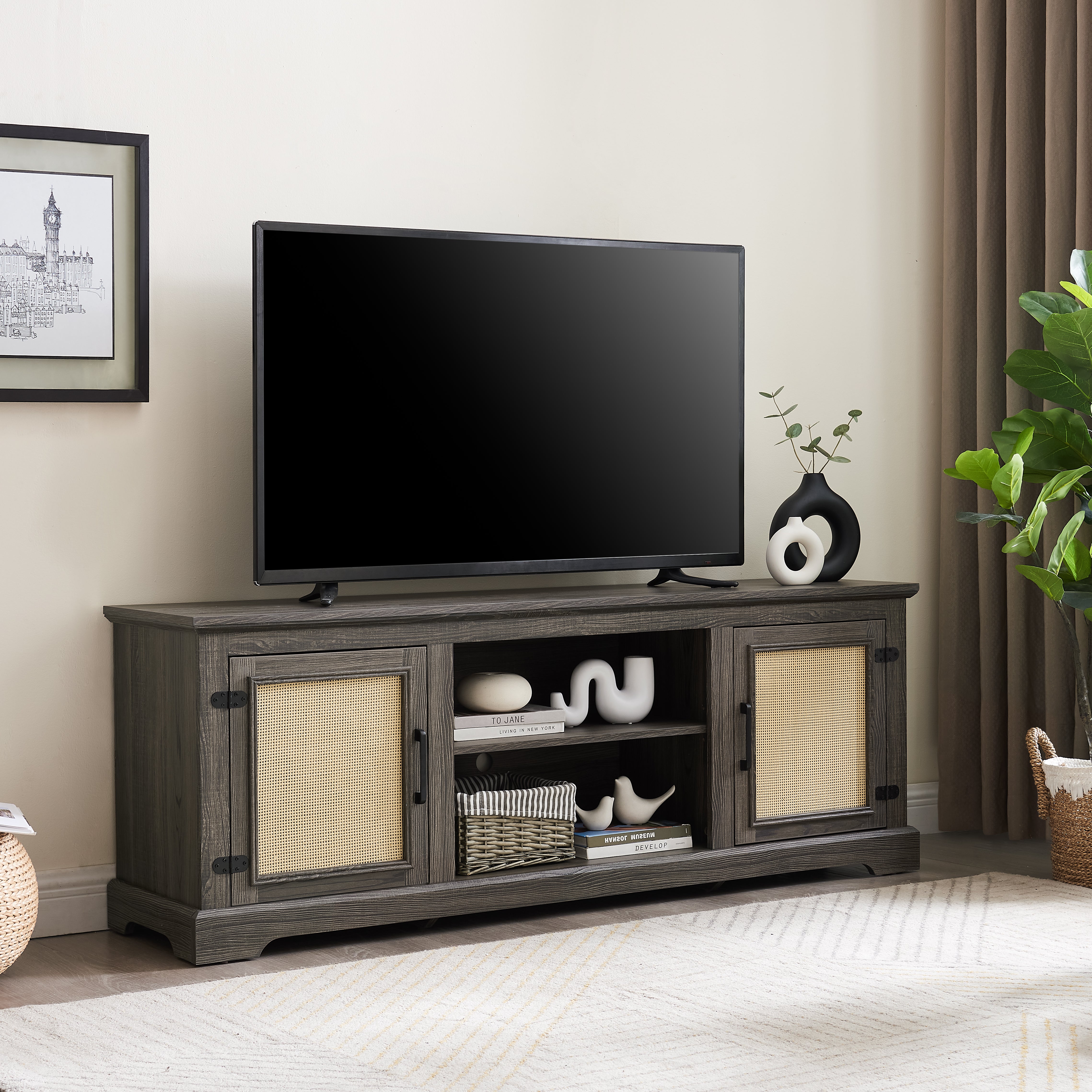 Gray TV stand with rattan doors and shelves for storage