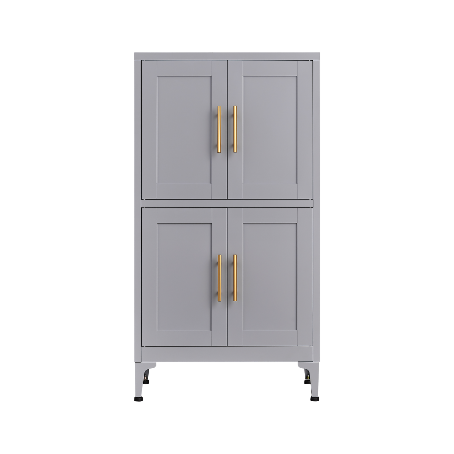 Grey metal kitchen storage cabinet with door and adjustable shelf in a modern kitchen