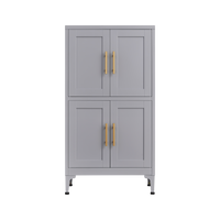 Grey metal kitchen storage cabinet with door and adjustable shelf in a modern kitchen