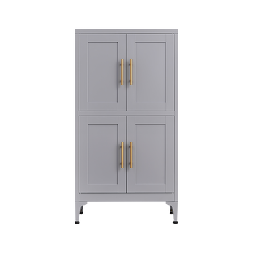 Grey metal kitchen storage cabinet with door and adjustable shelf in a modern kitchen
