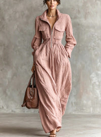 Women's Zipper Collar Elastic Waist Long Dress Hot Deal Warehouse