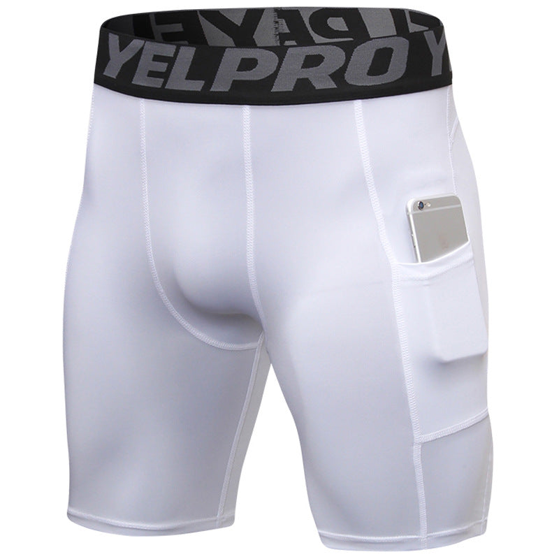 Men’s black PRO gym shorts with built-in compression tights, side pockets, and sweat-wicking fabric

