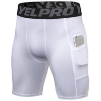 Men’s black PRO gym shorts with built-in compression tights, side pockets, and sweat-wicking fabric

