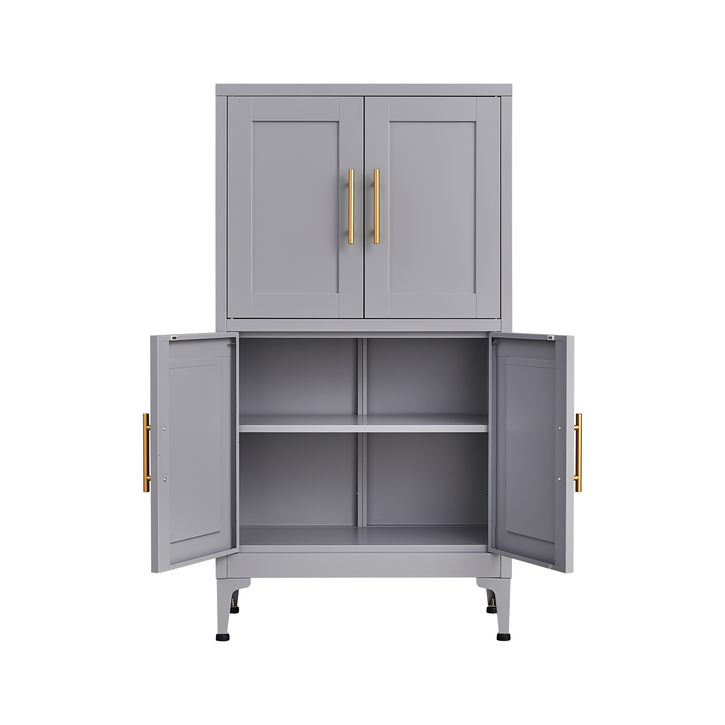Grey metal kitchen storage cabinet with door and adjustable shelf in a modern kitchen