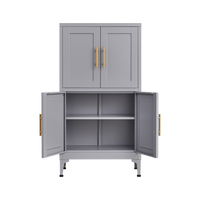 Grey metal kitchen storage cabinet with door and adjustable shelf in a modern kitchen