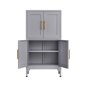 Grey metal kitchen storage cabinet with door and adjustable shelf in a modern kitchen