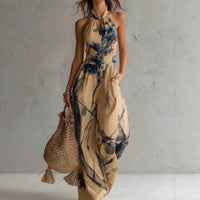 New halter backless jumpsuit, blue and white tie-dye wide-leg pants, summer beach women's wear Hot Deal Warehouse