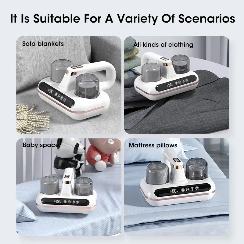 Cordless handheld mattress vacuum being used on a white bed