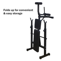 Olympic weight bench with adjustable squat rack, designed for strength training, featuring sturdy construction and multiple settings for bench press, squats, and other weightlifting exercises.