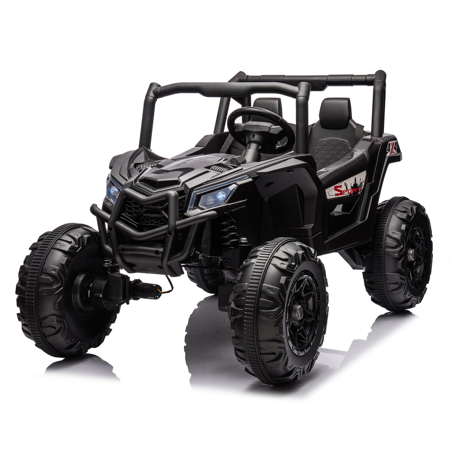 Side by side 4x4 ride-on truck for kids, featuring a durable design with working headlights, adjustable seat, and forward/reverse motion. Equipped with realistic off-road tires and easy-to-use controls, this electric truck provides an exciting outdoor adventure for children ages 3-7