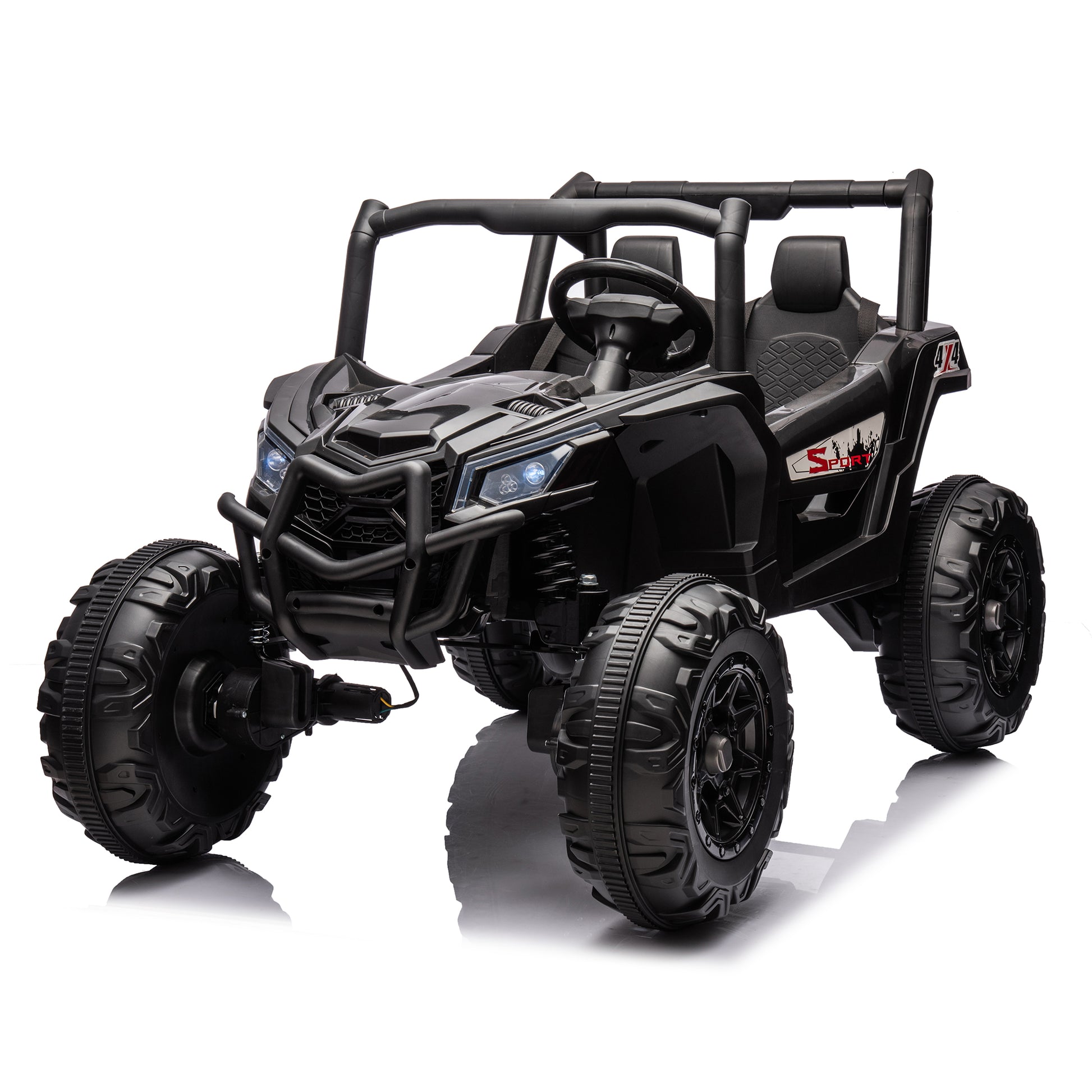 Side by side 4x4 ride-on truck for kids, featuring a durable design with working headlights, adjustable seat, and forward/reverse motion. Equipped with realistic off-road tires and easy-to-use controls, this electric truck provides an exciting outdoor adventure for children ages 3-7