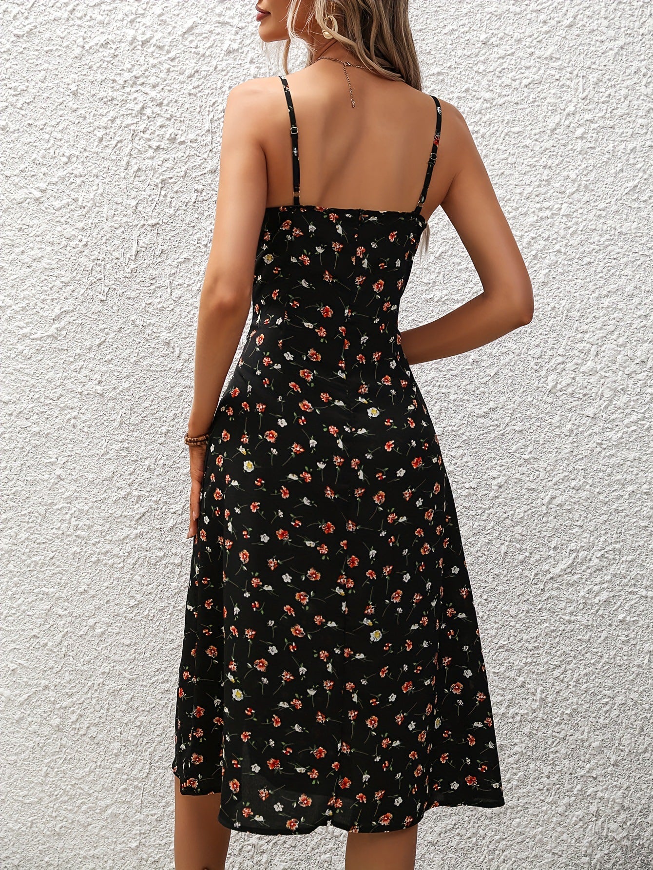Women’s Polka Dot Print Suspender Dress with sexy slit, summer long dress with adjustable straps.


