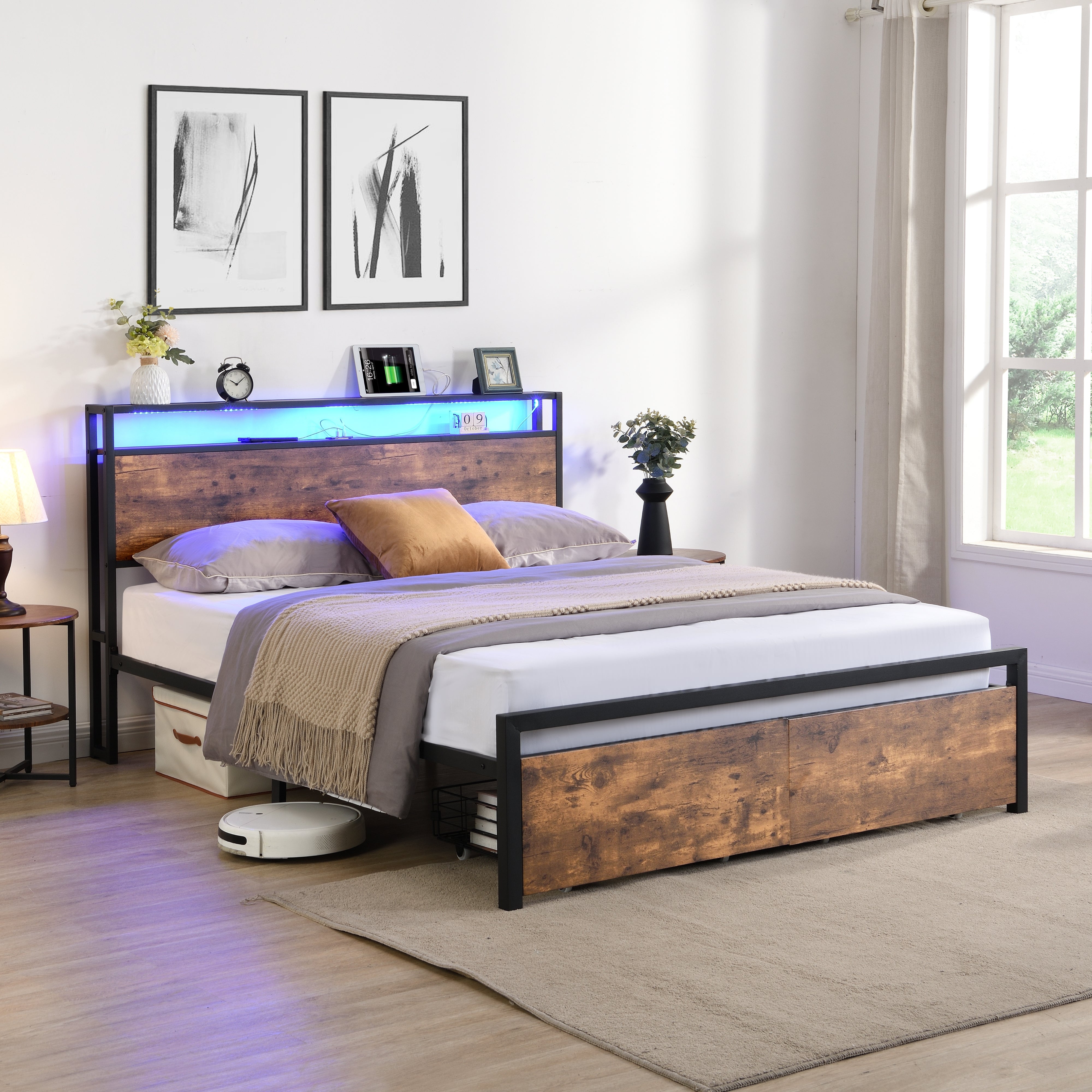 Full-size bed frame with LED headboard, drawers, and charging ports